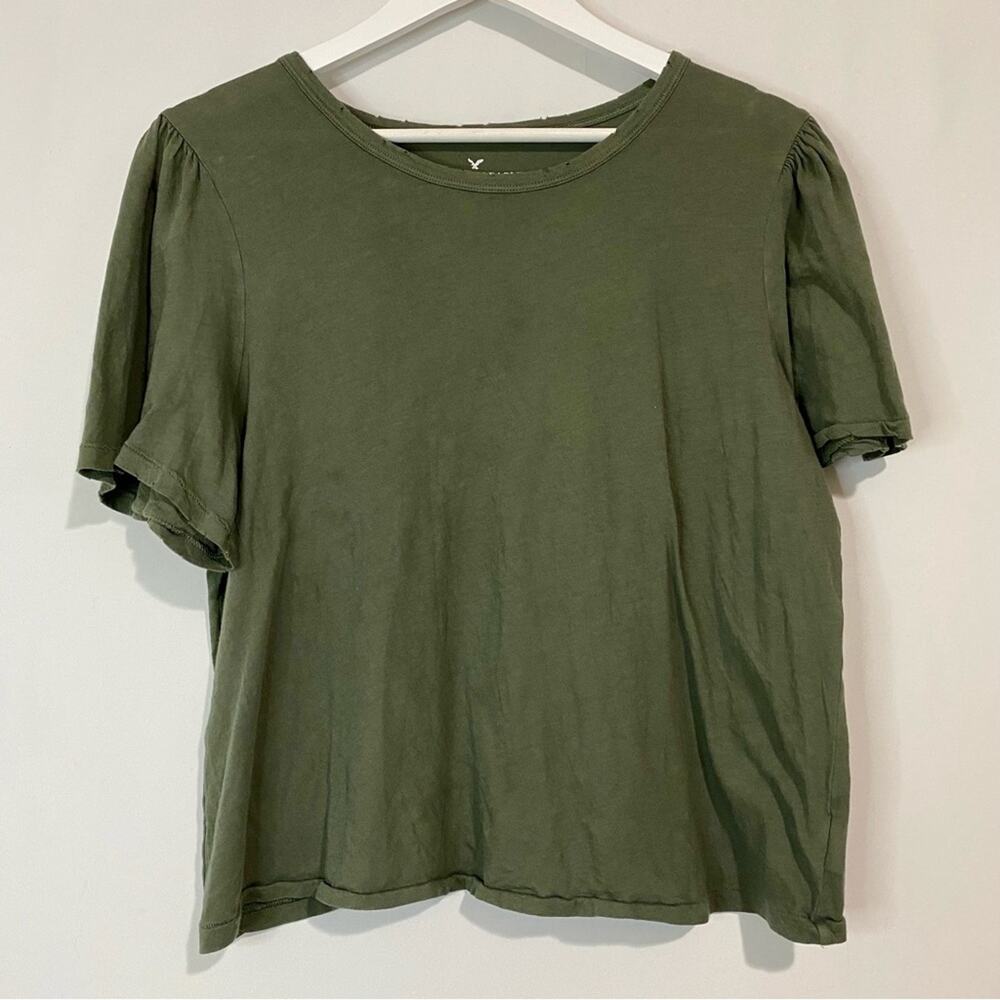 American Eagle Women’s Short Sleeve Basic Tee Shirt w/ Distressed Hem Green FLAW
